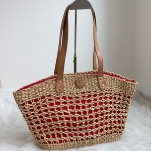 Tory Burch Wicker Straw Raffia Crochet Tote with Tan Leather Straps